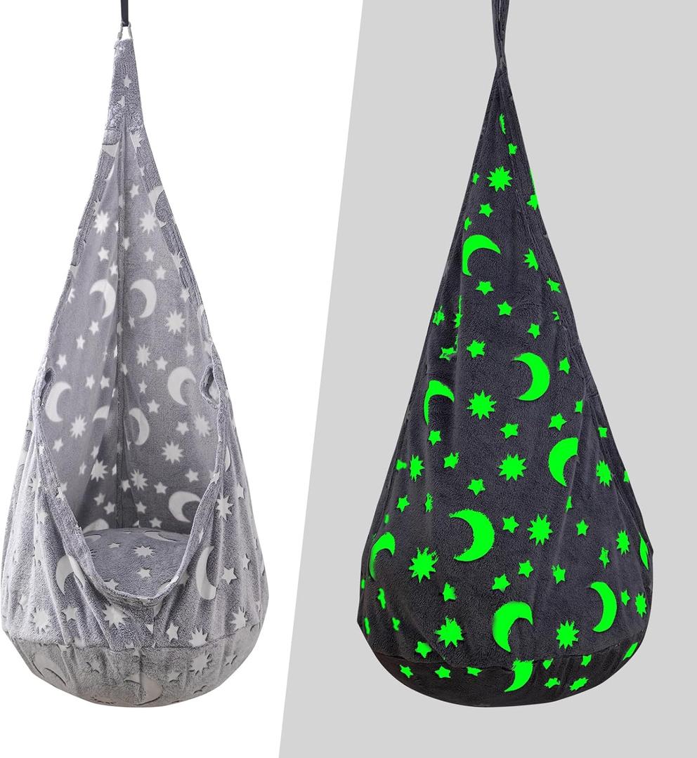 Kids Pod Swing Seat, Sensory Swing Chair with PVC Inflatable Cushion, Hanging Hammock Chair for Indoor and Outdoor Use (Moon+star)