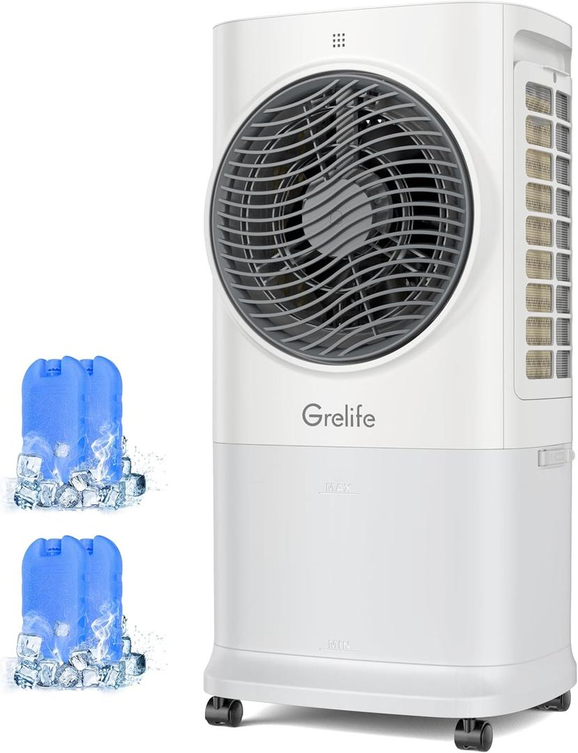 Grelife 3-in-1 Portable Air Conditioner, 400 Sq.Ft Evaporative Air Cooler with 1.72Gal Tank & 4 Ice Packs, 360 Oscillation, 30ft/s Wind Speed, 42dB Quiet, 8H Timer for Bedroom/Office/Home