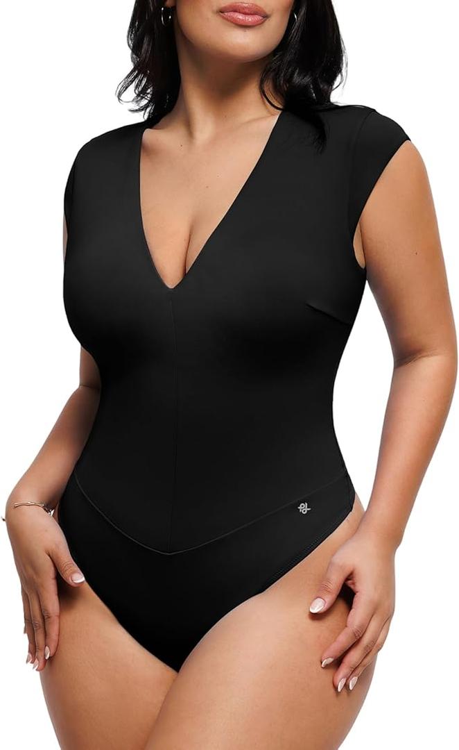 Popilush Shapewear Bodysuits for Women Deep V Neck Cap Sleeve Thong Body Suit Tummy Control Plus Size Going Out Tops
(XL)