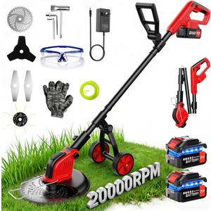 12-Inch Cordless Electric Weed Wacker, 2x3.0Ah 21V Battery Powered Weed Eater with Wheels, 800W Brushless Motor, Lawn Mower with 4 Types Blades, 20000RPM Brush Cutter Grass Trimmer for Garden Yard, Large