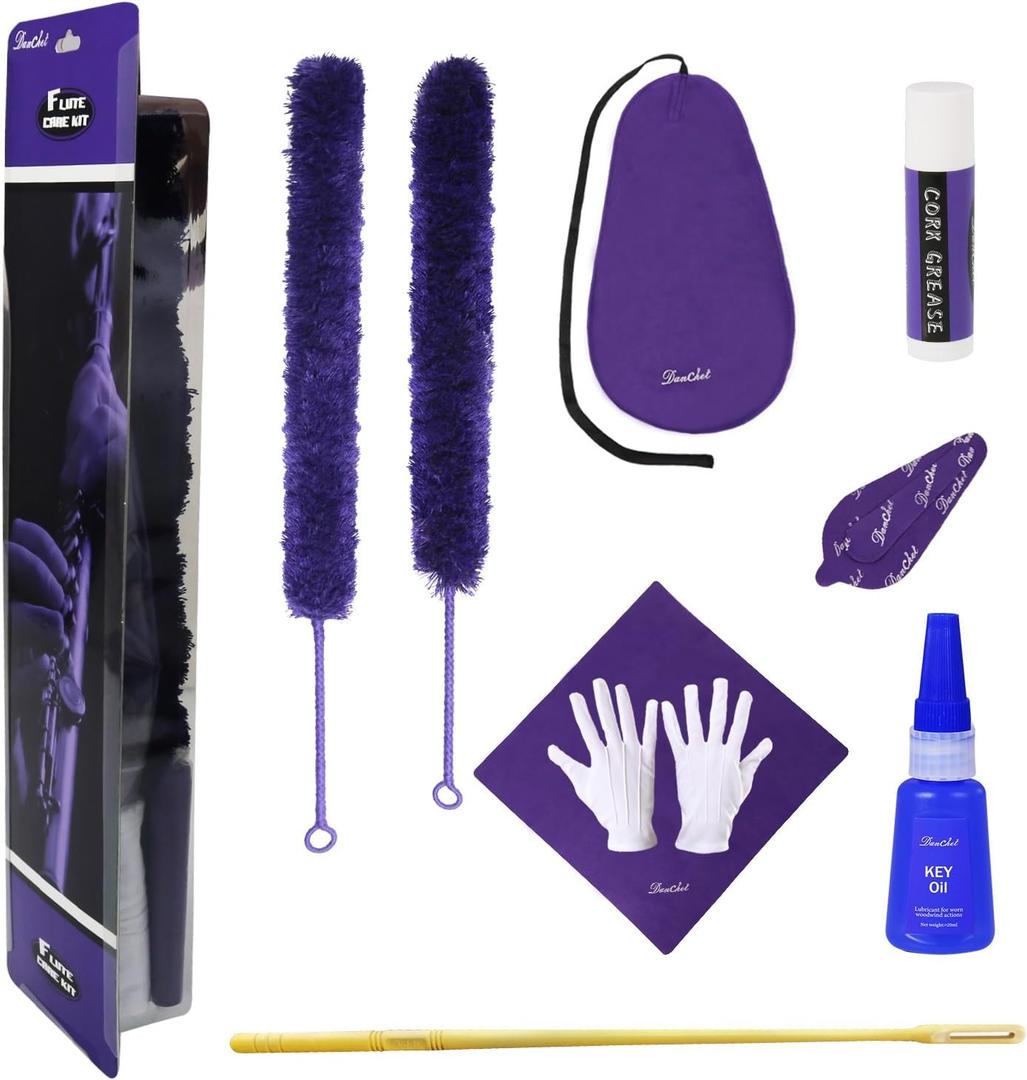 Flute Cleaning Care Cleaning Kit: Key Oil + Cork Grease + Swab + Cleaning Cloth + Cleaning Brush + Cleaning Rod - Maintenance Kit