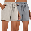 Ficerd 2 Pack Women's Linen Wide Leg Shorts, Casual High Waisted Drawstring Shorts Pant Comfy Summer Beach Short with Pockets M