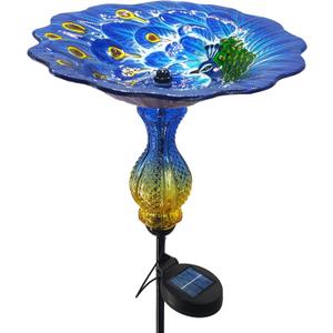 John's Studio Peacock Bird Bath for Outdoor - Glass Bowl Solar Light Bird Baths Cage Outside Dish Bird Feeder with Metal Stake for Garden, Yard and Patio - Blue 32 inches