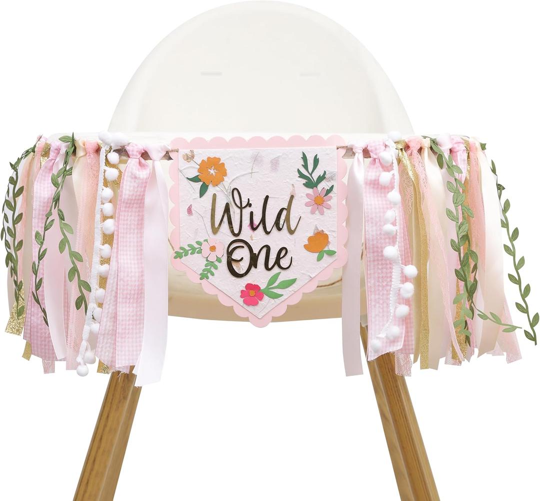 Wild Flower High Chiair Banner-Floral 1st Birthday Decoration-Pink Garland For Baby GirlsOur Little Wild Flower is Turning One Banner
