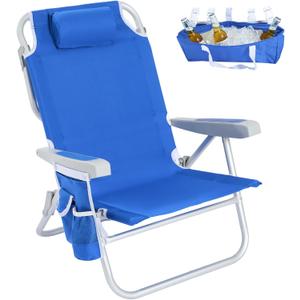 SUNNYFEEL Low Beach Chair, 5-Position Lay Flat Reclining, Backpack Portable Folding Chair with Cooler Bag & Cup Holder, Heavy Duty 350 LBS, Compact for Beach, Camping, Travel (New Blue)