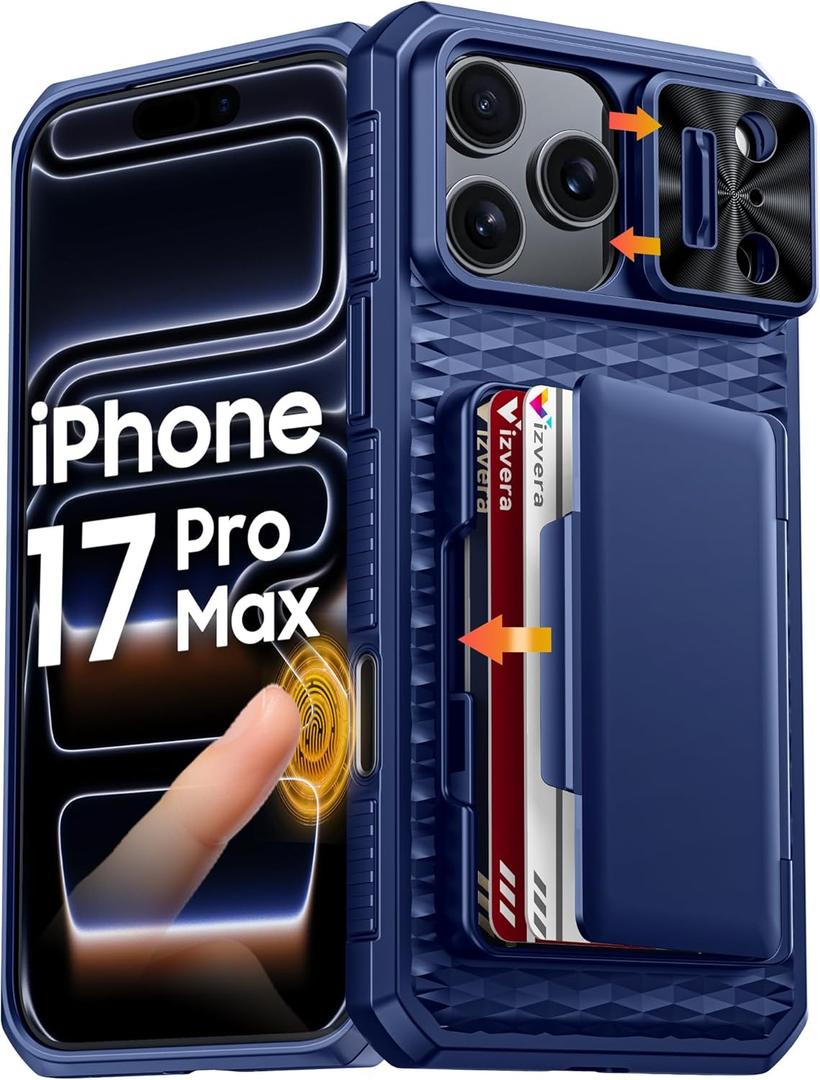 Vizvera for iPhone 17 Pro Max Case Wallet RFlD [Cards Holder][Camera Contro][Camera Cover] Full Body Rugged Shockproof Silicone Protective Phone Case for iPhone 17 Pro Max 6.9"(Blue)
