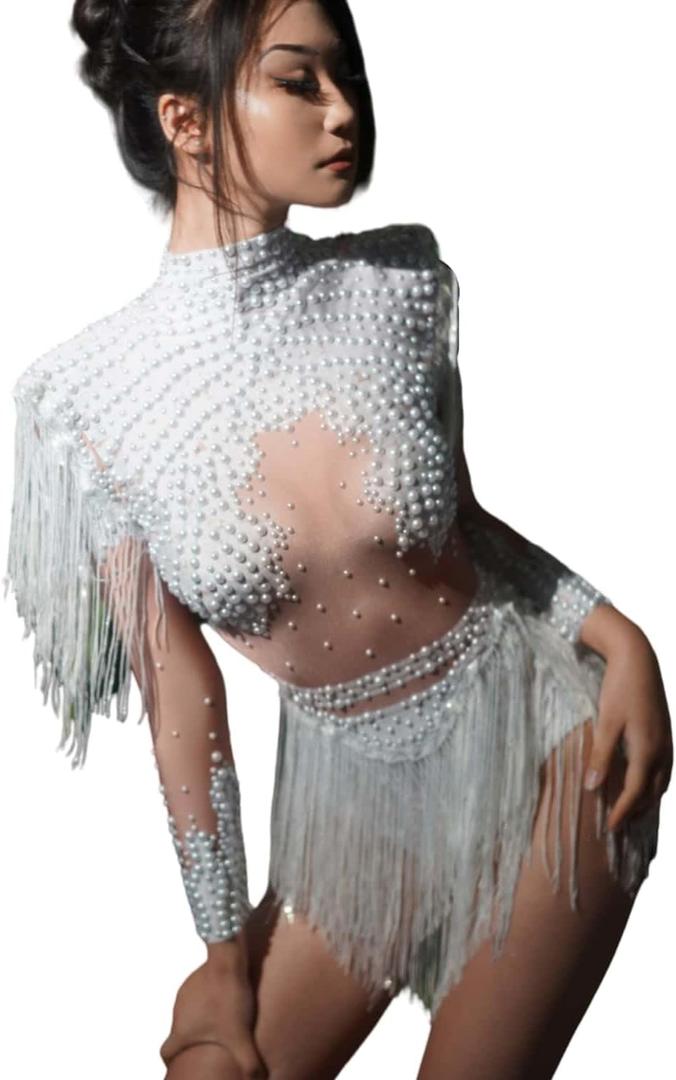 Women Diamonds Sequins Tassel Bodysuit Night Stage Wear Sexy Performance Latin Dance Costume Party Birthday Outfit (One Size, White)