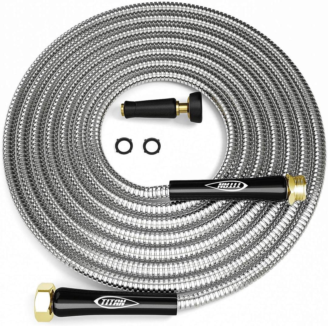 TITAN Garden Hose 25FT - 304 Stainless Steel Metal Water Hose, Flexible, Kink-Free, Lightweight, Durable, Crush Resistant Fittings, Easy to Coil, 500 PSI