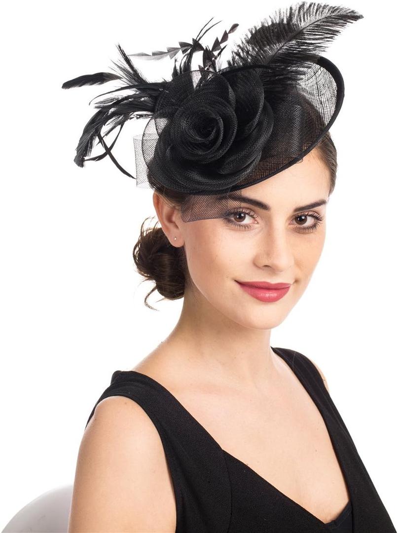 SAFERIN Women's Fascinators Feathers Tea Party Hat Veil Headband with Hair Clip for Cocktail Church (Ta4-sinamay Featherblack)