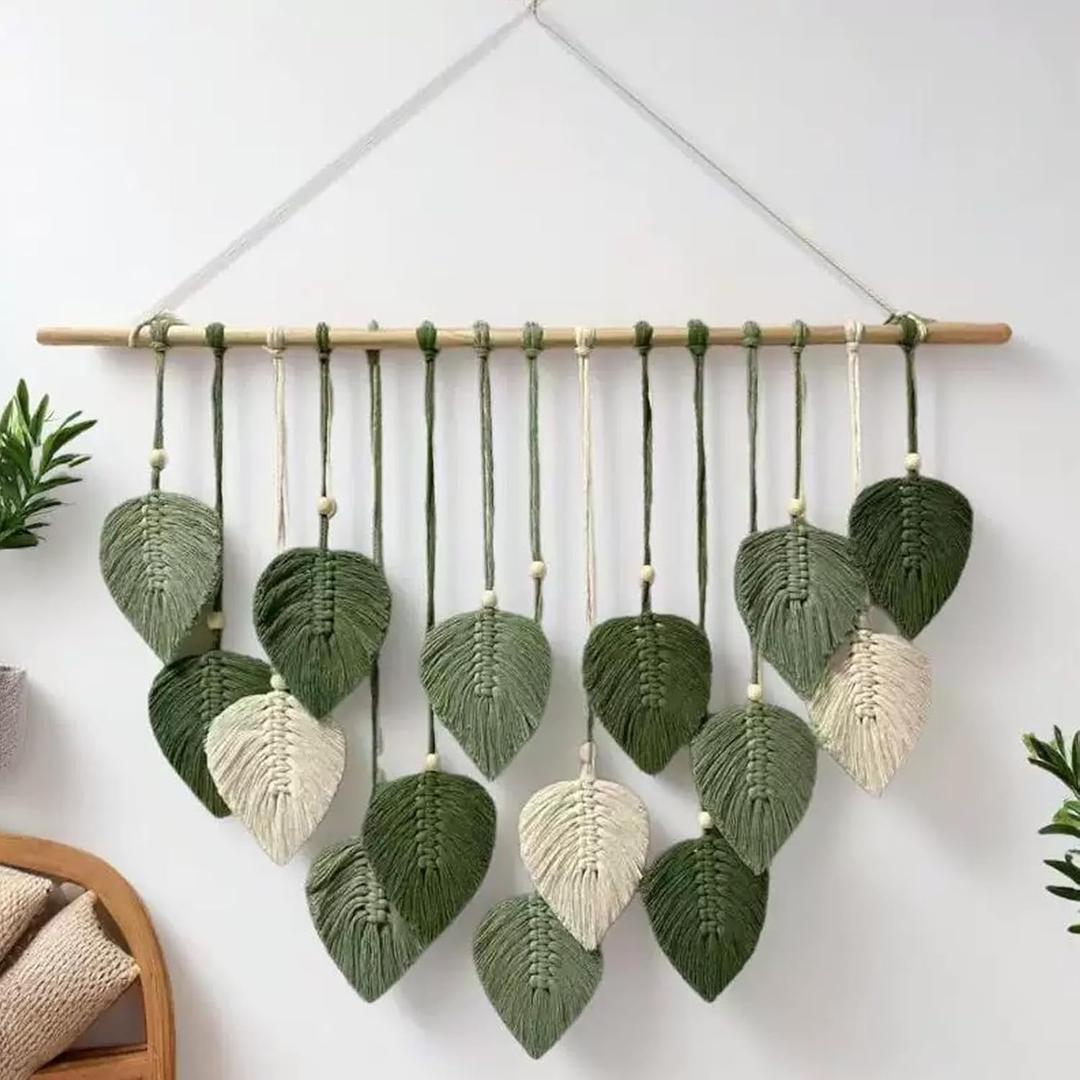 MSFENG Wall Hanging Decor Leaves Tapestry Boho Wall Decor Woven Feather Handmade Yarn Tassels Woven Wall Art Decorations for Nursery, Bedroom, Living Room, Apartment Home Backdrop (LightGreen-M)