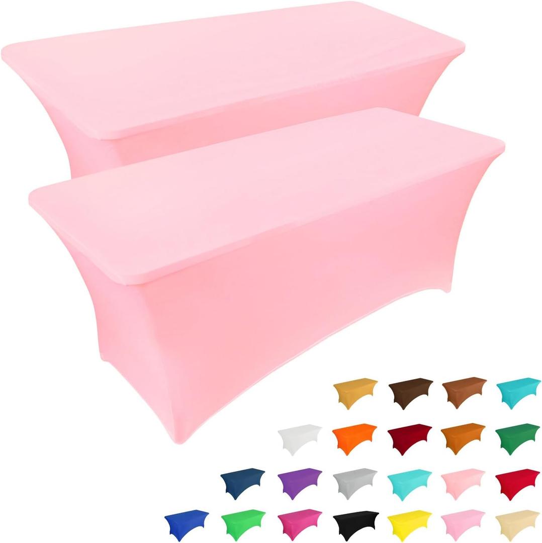IVAPUPU 2 Pack 6FT Table Cloth for Rectangular Fitted Events Stretch Pink Table Covers Washable Spandex Spring Tablecloth Protector for Party, Wedding, Cocktail, Banquet, Festival