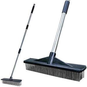 Heavy Duty Wire Push Broom Brush, 15.7" Stainless Steel Bristle Deck Brush with Long Handle for Removing Weeds, Outdoor Broom for Rough Surface Dirt
