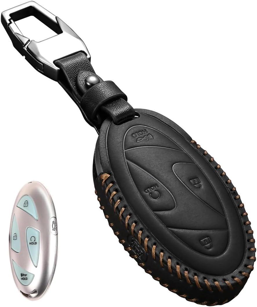 Genuine Leather Compatible with Hyundai Key Fob Cover fit 2025 Elanrtra Sonata Ioniq Santa Fe Santa Cruz Tucson 5 Buttons Accessories Keychains (Black)