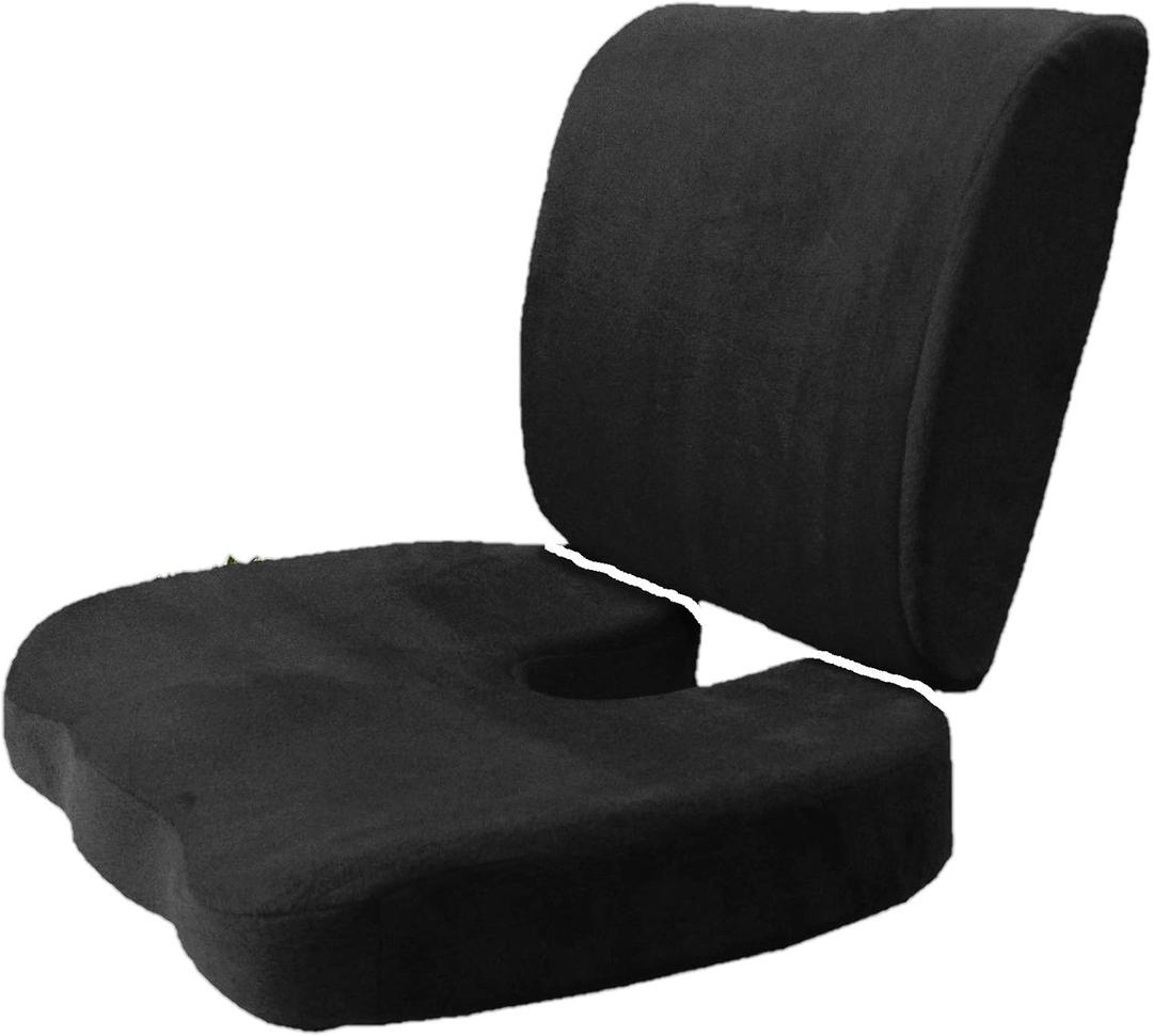 Bookishbunny 2pc High Resilience Memory Foam Seat Chair Waist Lumbar Back Support Cushion Pillow Car Office Home (Black)