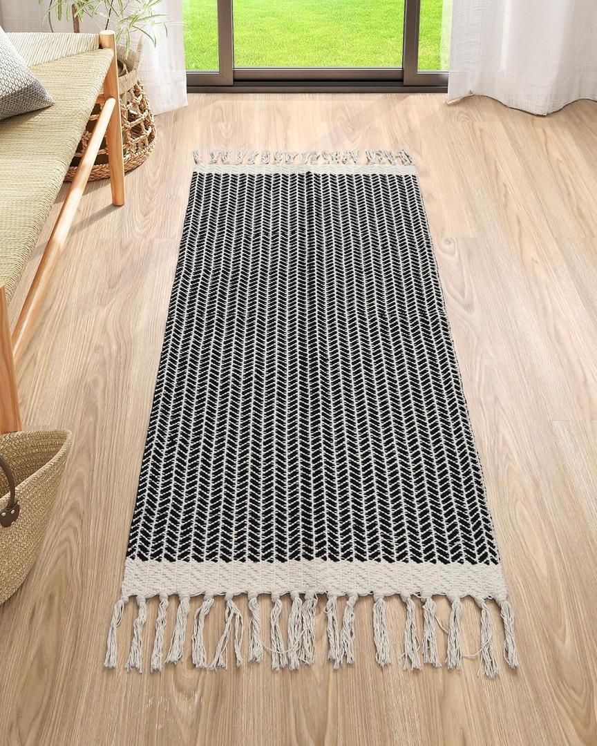 Lahome Boho Kitchen Runner, 2x4.3 Bathroom Runner Rugs Lightweight Entryway Rug Woven Cotton Throw Mat with Tassels, Farmhouse Non-Shedding Washable Black Rug Low Pile Runners for Bedroom Doorway