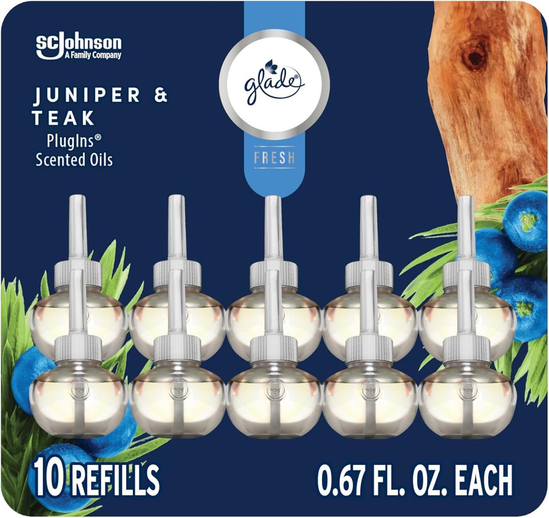 Glade PlugIns Refills Air Freshener, Juniper & Teak, Scented and Essential Oils for Home and Bathroom, 0.67 Fl Oz, 10 Count