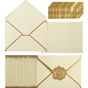 100 Pack A7 Envelopes 5 x 7 Card Envelopes V Flap with Gold Border for Office, Wedding Gift Cards, Invitations, Graduation, Baby Shower, Parties (Cream Color, 5.32 x 7.28 Inches)