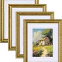 eletecpro 8x10 Picture Frames Set of 4, Gold Frames 8 x 10 with Glass Cover, Vintage Photo Frame Displays 5x7 Photo with Mat or 8x10 without Mat for Tabletop or Wall Decor, Gold