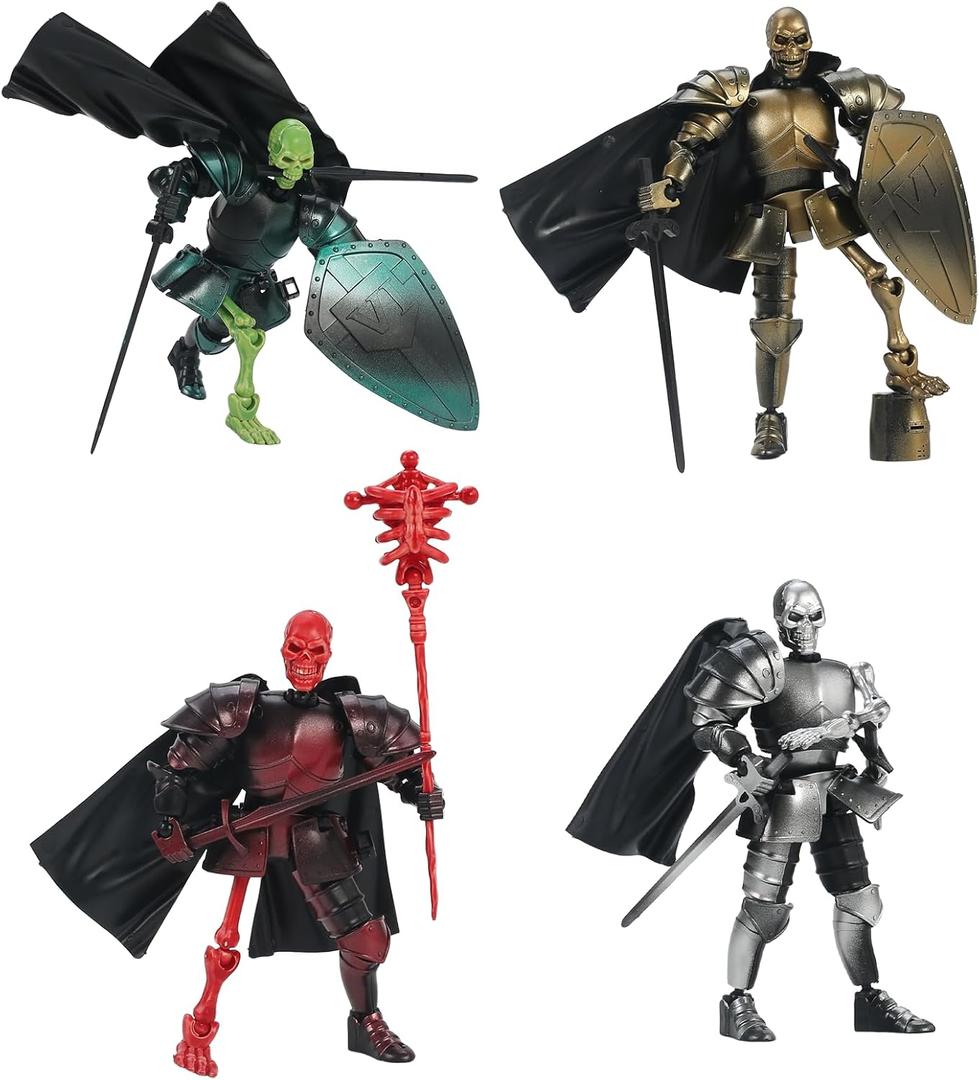 4 Set Skeleton Knight Action Figure Toy, Multi-Jointed Movable Dummy Medieval T13 Articulated Robot Figure, Fantasy Warrior Undead Skeleton Death Knights Display Model (Assembly Required)