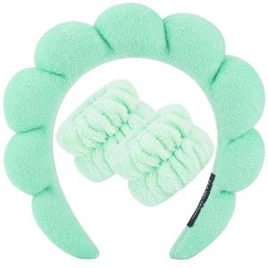 2 x Zkptops Spa Headband for Washing Face Wristband Set Sponge Makeup Skincare Headband Wrist Towels Bubble Soft Hairband for Women Puffy Headwear Winter Non Slip Thick Thin Hair Accessory(Light Green-3)