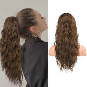 FLUFYMOOZ Ponytail Extension, 22 Inch Drawstring Ponytail Hair Extensions for Women Long Curly Wavy Ponytail Natural Wavy Synthetic Hairpiece for Women (22 Inch Brown with Auburn)