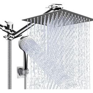Shower Head Combo,10 Inch High Pressure Rain Shower Head with 11 Inch Adjustable Extension Arm and 5 Settings Handheld ,Powerful Shower Spray Against Low Pressure Water with Long Hose (Chrome)