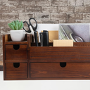 ExoLiry Rustic Brown Wooden Desktop Organizer Drawers Removable Office Supplies Torched Wood Storage Cabinet Caddy Box Stationery Pencil Slots Mail Holder Notes Accessories Home Makeup Tools Cosmetics
