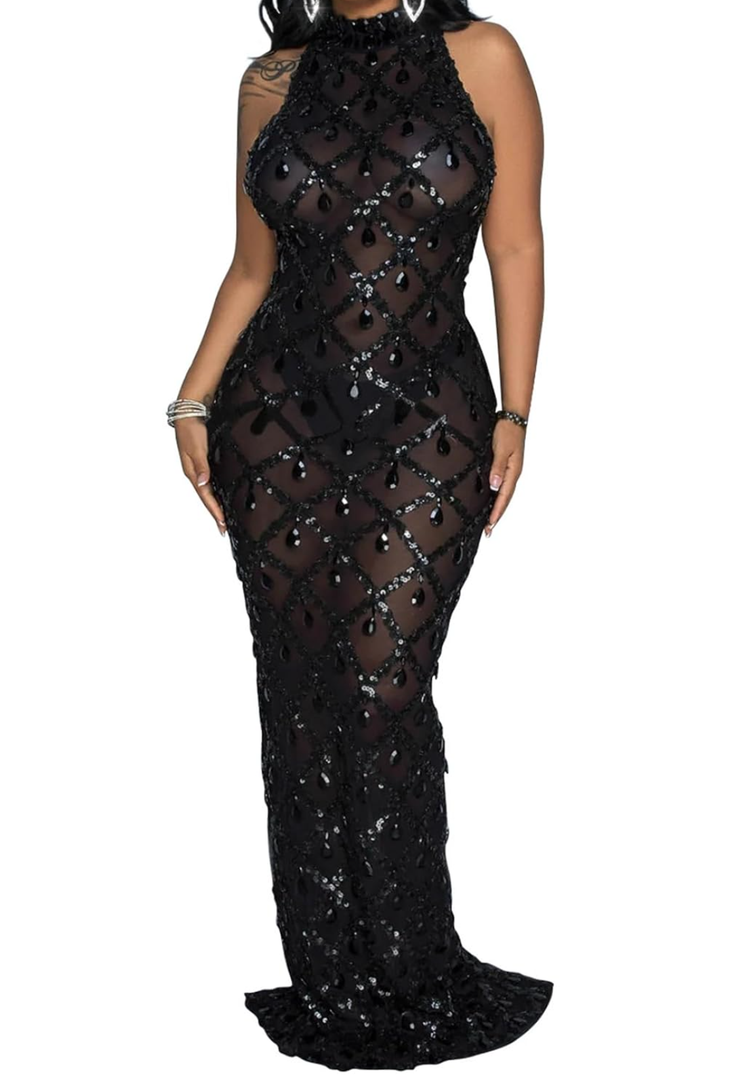 Women's Sexy Sleeveless Turtlneck Plaid Mesh Sequins Bodycon Cocktail Party Dress XL