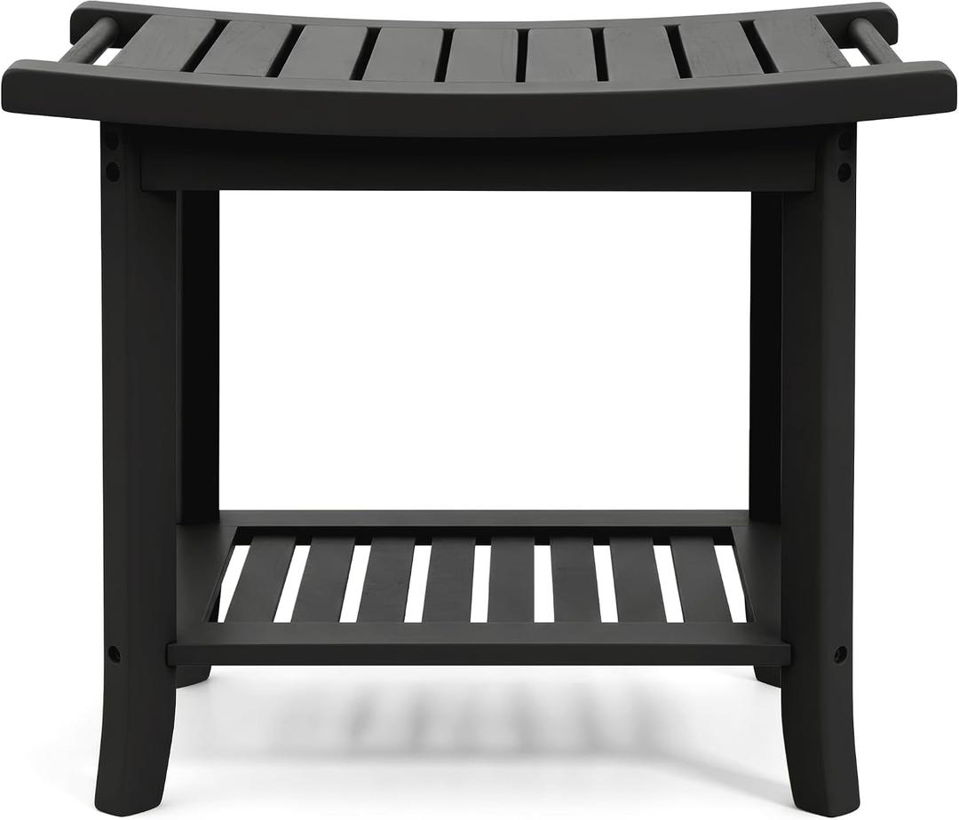 Teak shower bench with Storage Shelf, Shower Stool for Inside Shower, Waterproof Shower Bench Seat, Shower Chair for Inside Shower, Wood Bench, Bathroom Bench (Natural Wood) (Black Wood)