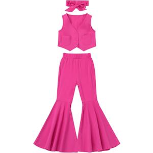 ODIZLI Kids Girls Pink Cowgirl Outfits Sleeveless Vest Top and Flare Bell Bottom Pants with Bandana Halloween Costume (7-8 Years)