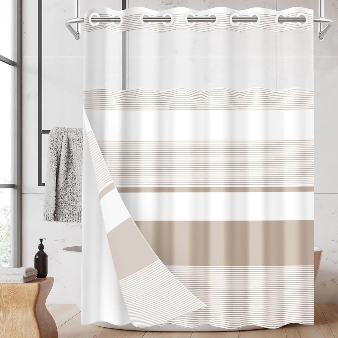 No Hook Beige Shower Curtain with Snap in Fabric Liner Set, Boho Striped Modern Double Layers Waterproof Fabric with See Through Top Window Open Grommet Bath Curtain 71x74 Inch