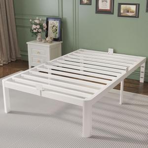 16 Inch Twin Bed Frame with Metal Gasket, White Single Bed Base