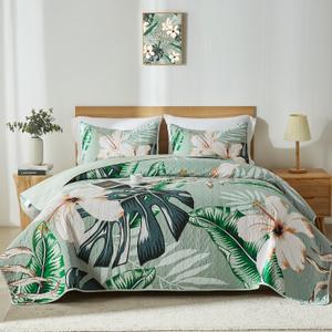 Yogeneg Queen Quilt Bedding Set,White Botanical Pattern Sage Green Full/Queen Quilt Set,3 Piece Lightweight Soft Summer Bedspread Coverlet with 2 PIillow Shams,All Season (Sage Green,90"x96")