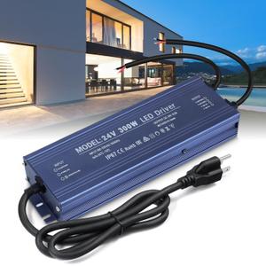 LED Driver 24V, BRIMETI LED Power Supply 300W Waterproof IP67 Transformer Adapter 110V AC to 24V DC Converter Low Voltage Output with 3-Prong Plug 3.3 Feet Cable for Outdoor Light Strip, 12,5 Amp