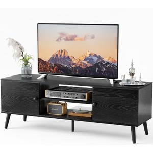 TV Stand for up to 60 inch TVs, Wooden TV Entertainment Center with Storage Cabinet and Soft Hinge Door, Modern TV Media Console Table for Living Room Bedroom Office Furniture, Black
