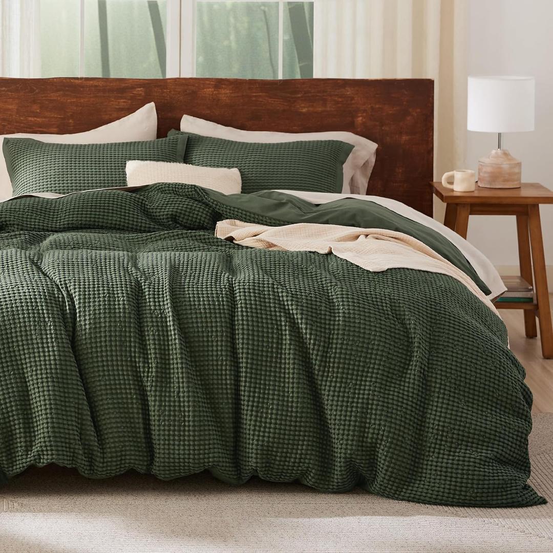 Bedsure Waffle Duvet Cover King - Moisture-Wicking Cotton Blend Rayon Derived from Bamboo Duvet Cover Set for Hot Sleepers, Cooling Bedding Set with a Vintage Charm, 3 Pieces (Olive Green, 104"x90")