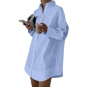 LYANER Women's Casual Shirt Dress Collar V Neck Button Down Loose Long Sleeve Mini Dresses (Blue, XL)
