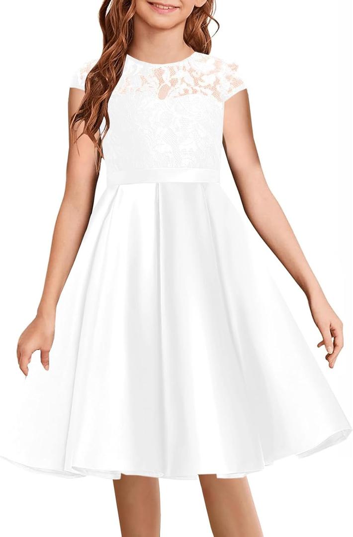 HOSIKA Elegant Flower Girls Dress Lace Satin A-Line Bridesmaid Princess Dresses for Wedding Birthday Party, 8-9 Years old