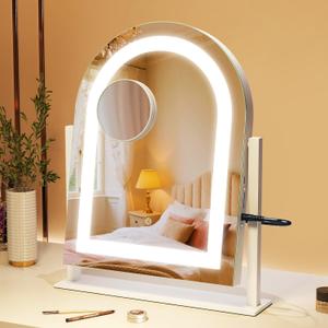 S'bagno Arch Vanity Mirror with Lights, Arched Makeup Mirror with 10X Magnifying Mirror, 3 Color Lighting Modes, Touch Control, USB Rechargeable, Tabletop Cosmetic Mirror for Bedroom, Vanity,15''x12'' (White)