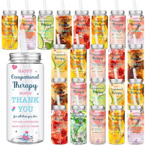 Skylety 24 Pack Occupational Therapy Gifts Cups Bulk, OT Month Appreciation Gifts, Plastic Cups with Lids and Straws for OT Doctor Nurse Occupational Therapy Assistant Employee Staff Party Supplies