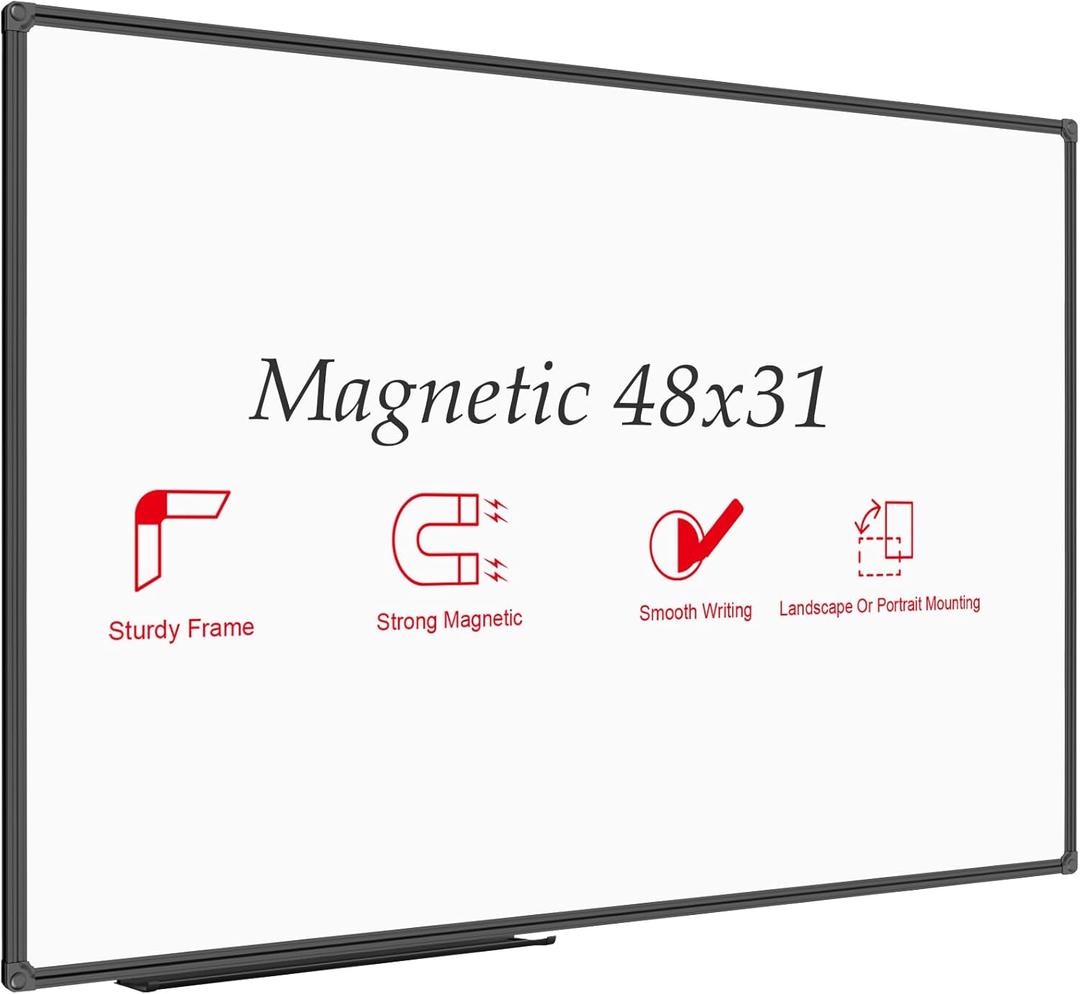 JILoffice Magnetic Whiteboard/White Board, Dry Erase Board 48 x 31 Inch, Black Aluminum Frame Wall Mounted Board for Office Home and School