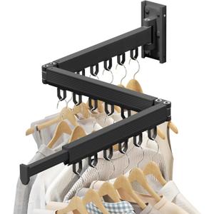 Wall Mounted Foldable Clothes Drying Rack, Heavy Duty 3-Fold Laundry Airer with Ring Hook Design, Space Saving Aluminum Rack for Balcony Bathroom Laundry Room,Black Rings