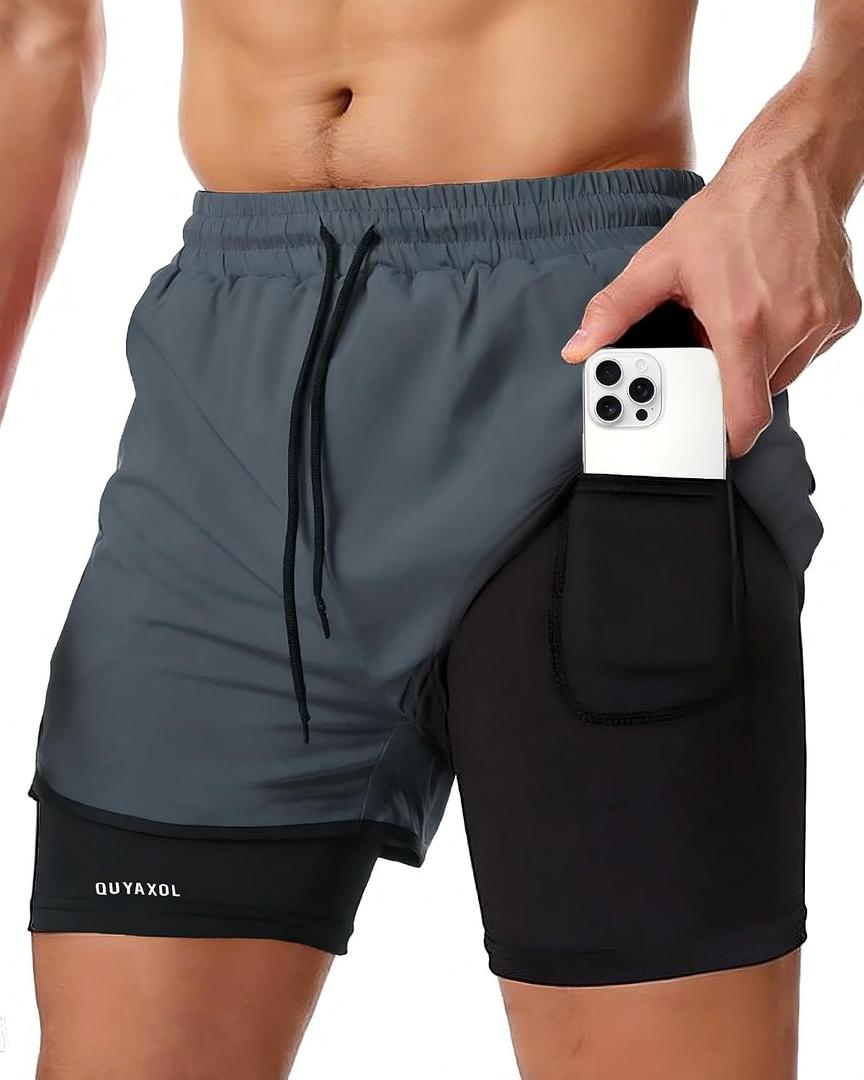 Men's 2-in-1 Running Shorts with Inner Liner, Breathable Quick-Dry Grey XXL | Workout Shorts with Pockets Gym Shark for Men, Workout Shorts, Running Half Tights Men (XXL)