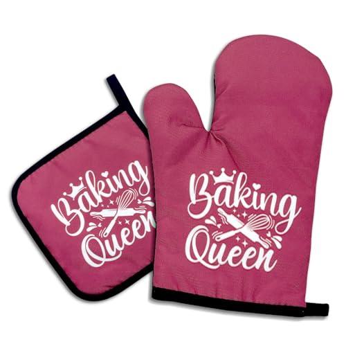 DLTRXMY, Baking Queen, Funny Oven Mitts and Pot Holders, Silicone Non-Slip Oven Mitts, Kitchen Gift for Women, Bake Lover Gift, Housewarming Gift Ideas 2 Pack