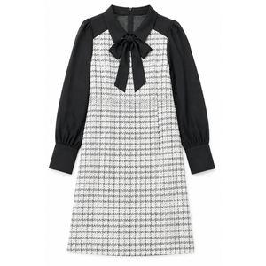 Color Black Patchwork Bow Decor 2 In 1 Elegant Romantic Women Dress Fall Cloth For Women, size XL