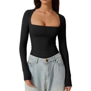 QINSEN Women's Sexy Square Neck Shirt Long Sleeve Double Lined Tees Fitted Going Out Tops (Black) XS