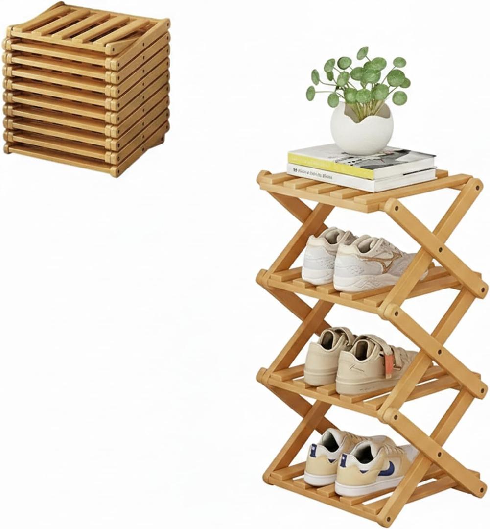 Foldable Shoe Rack, Bamboo Vertical Shoe Organizer Tall for Small Spaces. Multifunctional Narrow Shoe Shelf for Entryway, Closet, Corner, Bedroom, Hallway, Wood Color 4 Layers