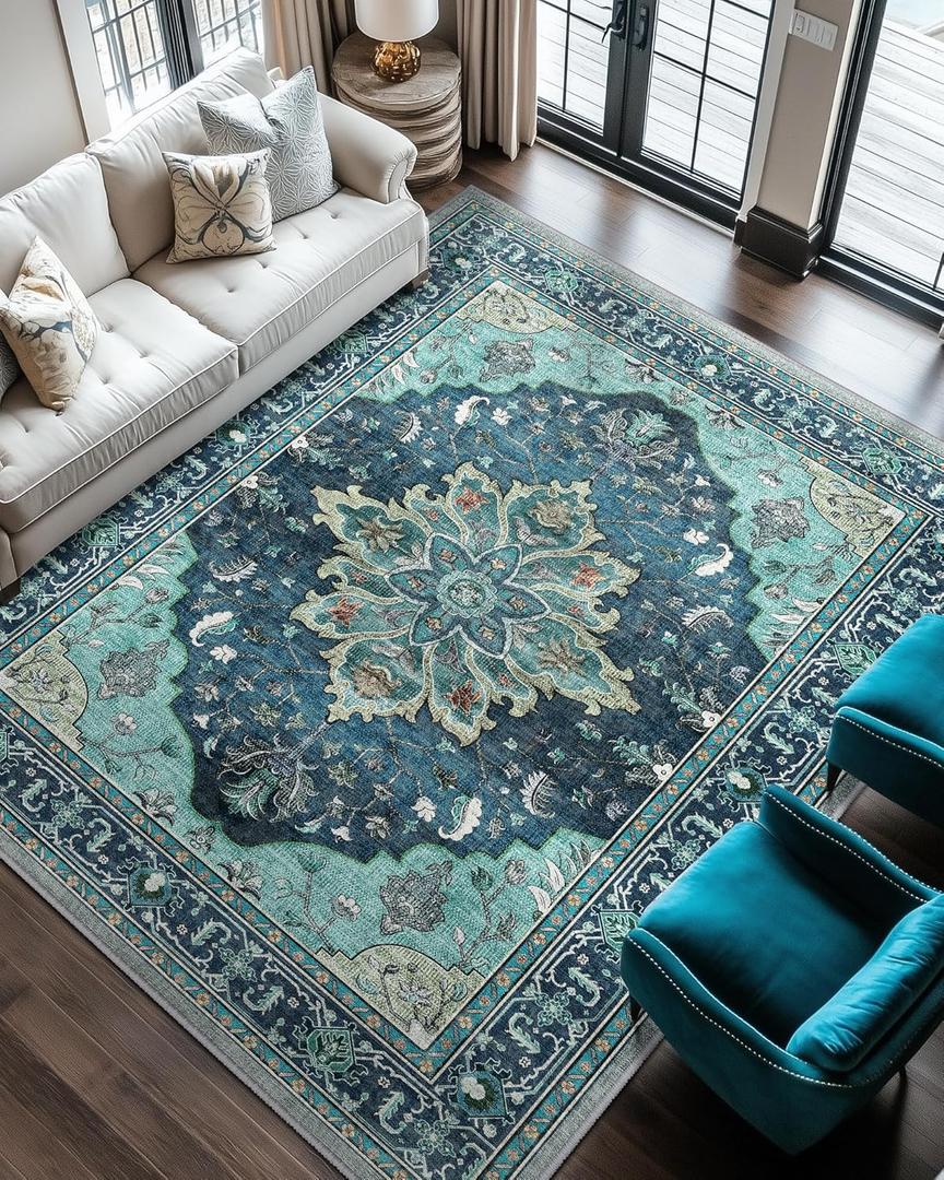Area Rugs 8'x10' Washable Non-Slip, Floral Vintage Distress Print Pattern Medallion Carpet for Living Room Bedroom Dining Room, Teal Green Lake Blue (8x10)