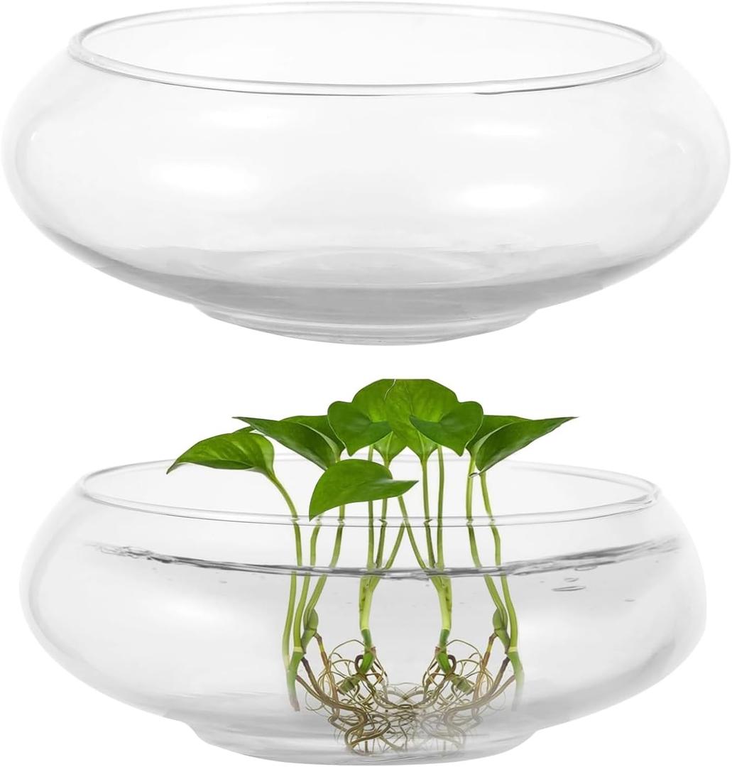 2 PCS Round Glass Vase Bowl, 6"/ 8" Wide Mouth Clear Glass Fish Bowls, Lotus Bowl, Succulent Planters, Hydroponic Planter Floral Decor Centerpieces for Home Decoration (2PCS)