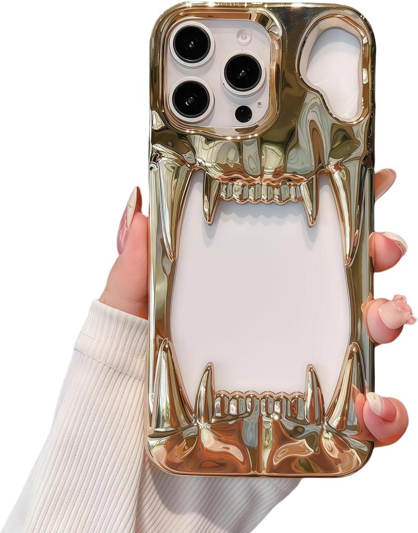 Gothic 3D Hollow Horror Devil Pattern Case for iPhone 16 Plus, [Luxury Chrome Color Plating] [Heat Dissipantion Thermal Design] Shockproof Bumper for Halloween- Gold